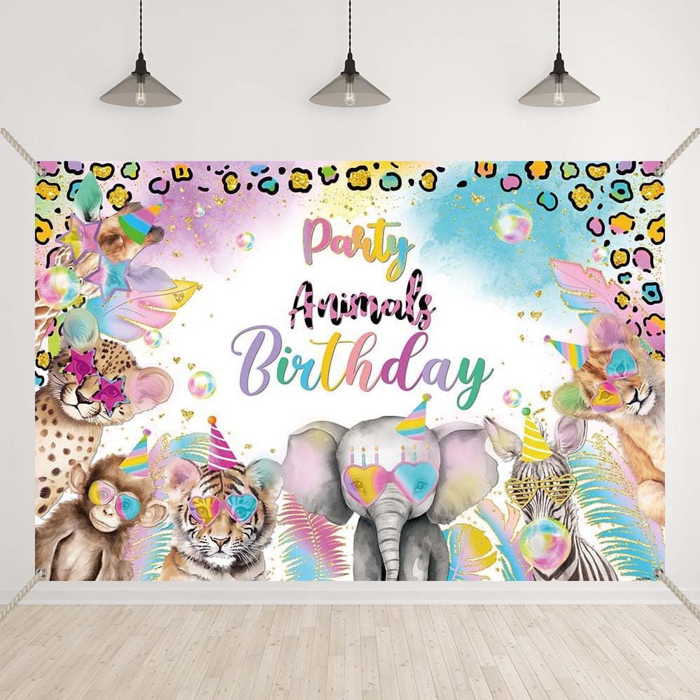 Photography Zoo - Safari Animals Birthday Photography Backdrop Rainbow