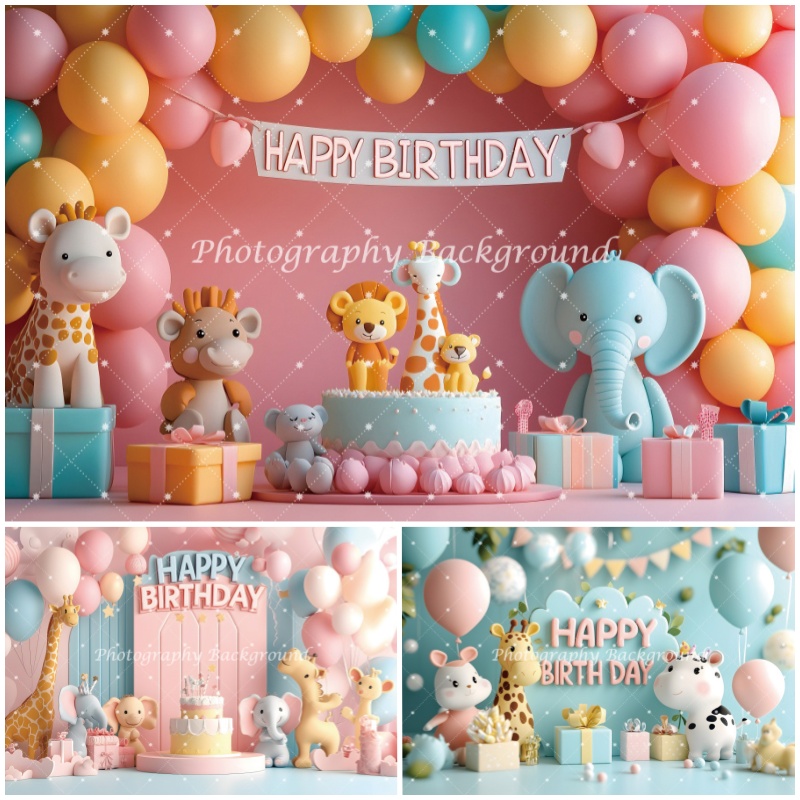 Photography Zoo - Jungle Animals Happy Birthday Backdrop Baby